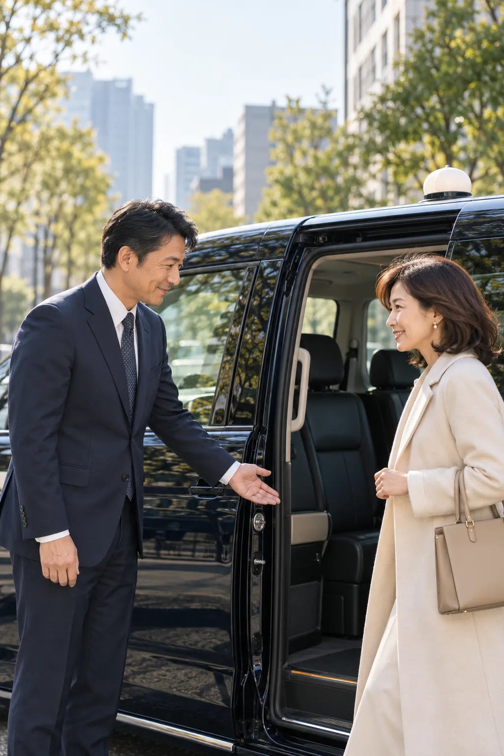 タクシーのそばでお客様を迎える乗務員のイメージ